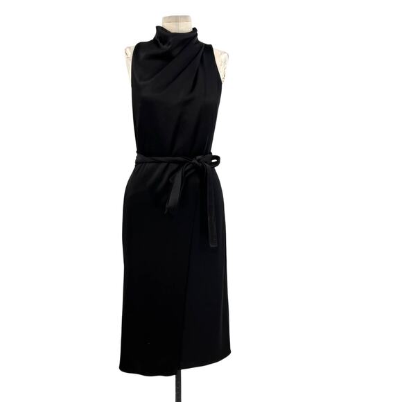 Halston Heritage Draped Neck Satin Gown Dress Midi Sleeveless Black Size 2‎ - Picture 1 of 12
